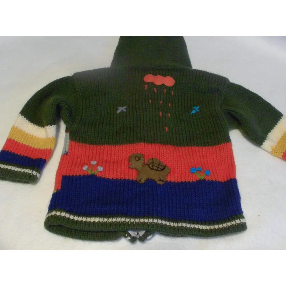 Vintage Hand Knit Animal Applique Hooded Zip Cardigan Sweater Kids GreenMulti 2T